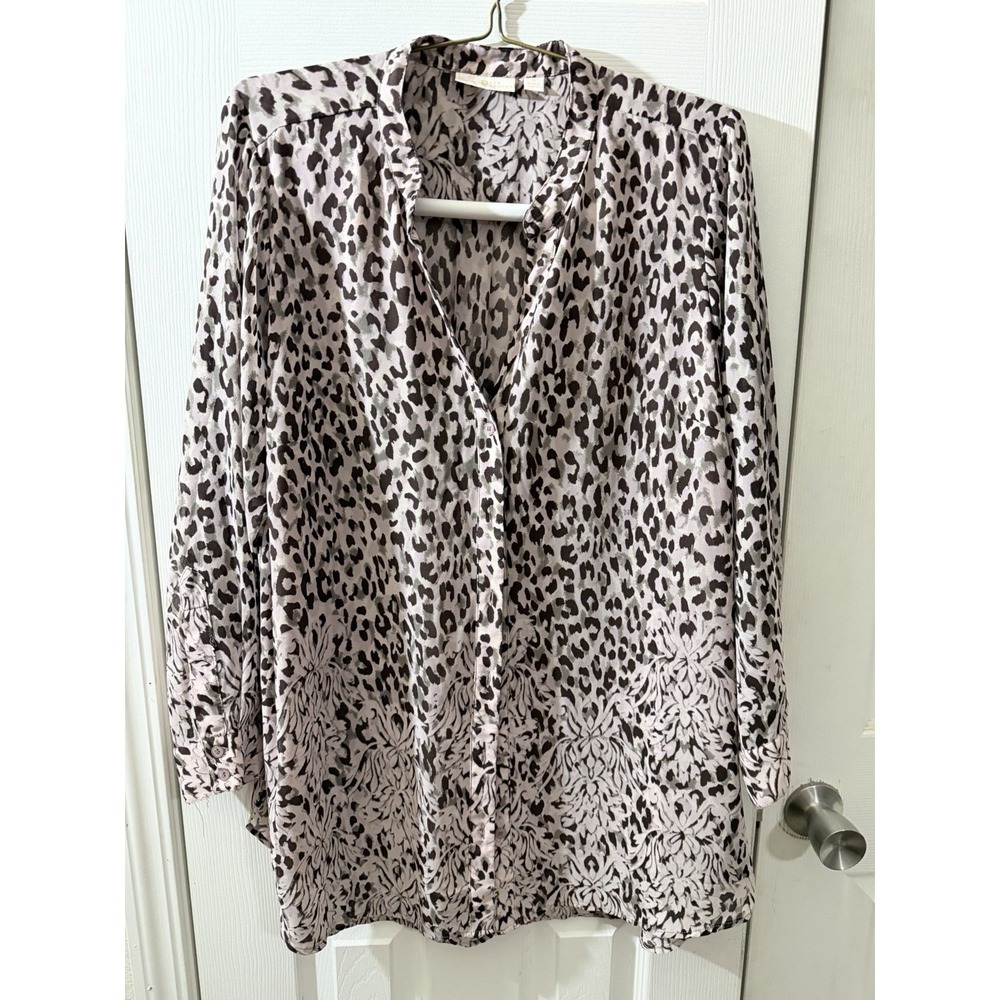 Belle‎ Kim Gravel Plus Size 1X Animal Print Button Front Blouse Black